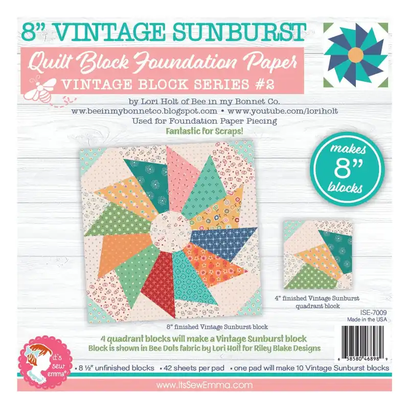8" Vintage Sunburst Quilt Block Foundation Paper | Lori Holt of Bee in my Bonnet Co. for It's Sew Emma #ISE-7009 Direct From Manufacturer