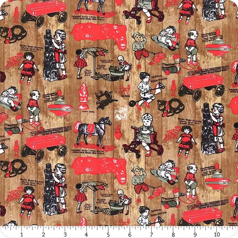Direct From Factory Vintage Whisper from Santa Brown Vintage Toys on Woodgrain Yardage | SKU# 7031-83