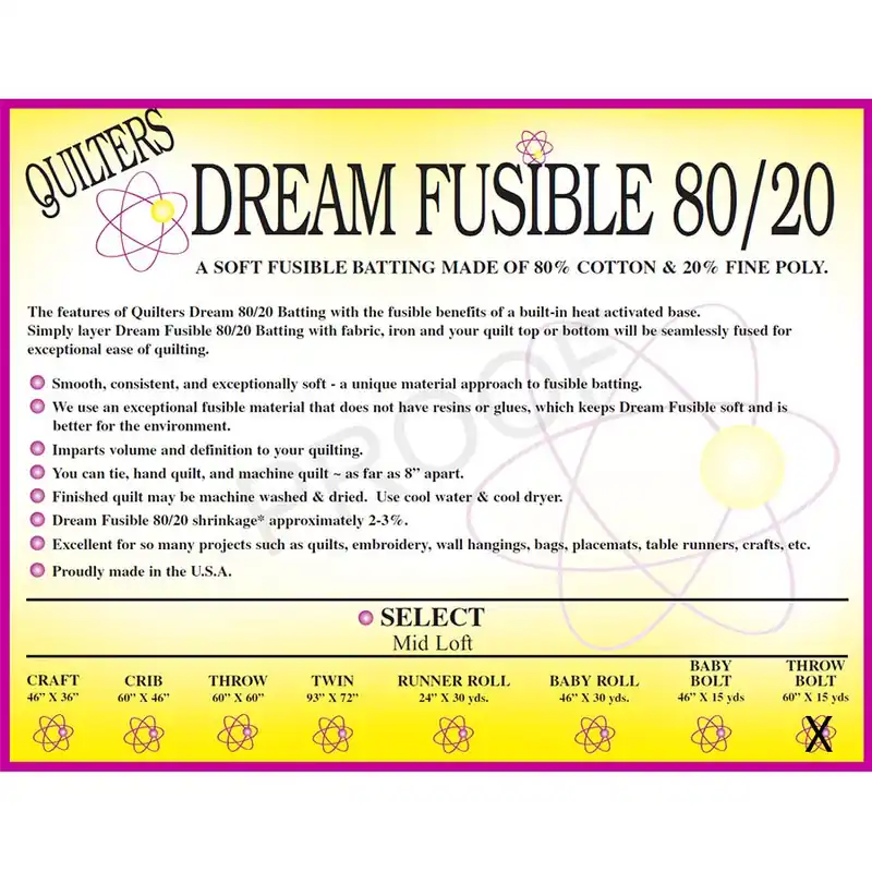Grab Now Dream Fusible 80/20 Throw Bolt Quilt Batting | Quilter's Dream #FUSEBLT60
