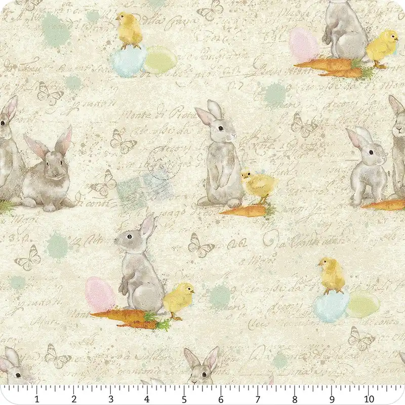 Money Back Guarantee Bella Bunnies Cream Allover Bunnies with Chicks Digitally Printed Yardage | SKU# 8038-14