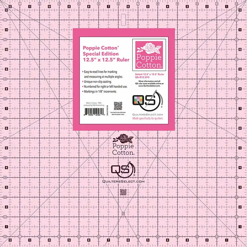 Buy Online Quilter's Select Pink Poppie Cotton 12.5" x 12.5" Ruler | Quilter's Select collaboration with Poppie Cotton #QS-R125PC