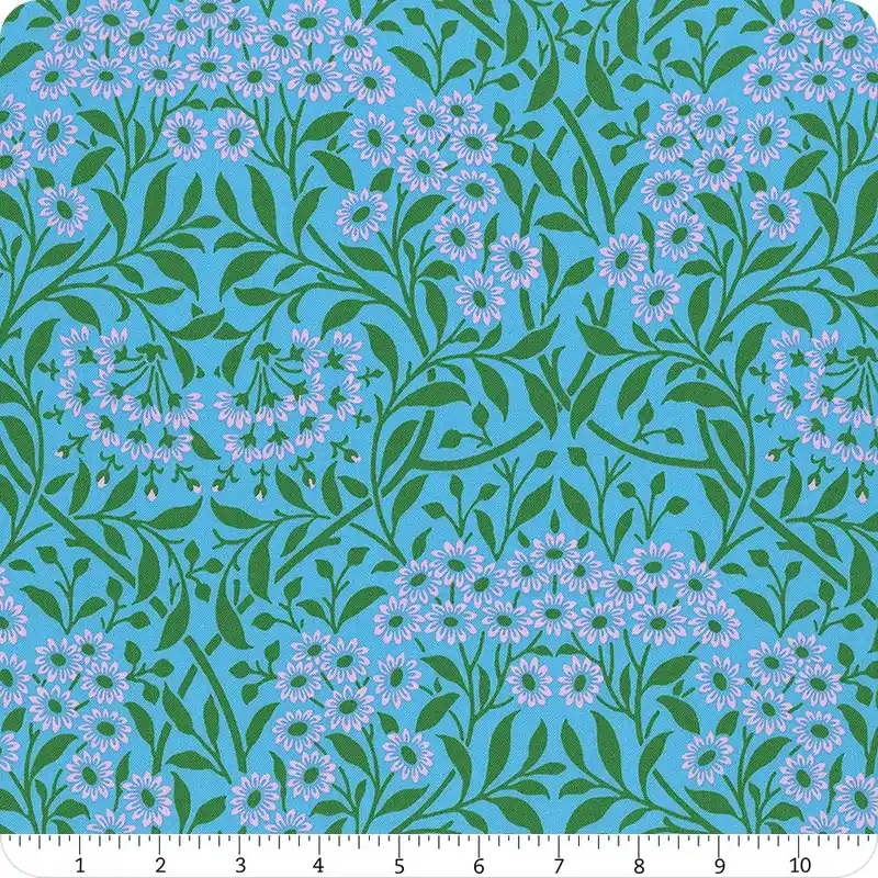 Worldwide Shipping Kaffe Fassett x Morris & Co. Aqua Michaelmas Daisy Yardage | SKU# PWKW007-AQUA