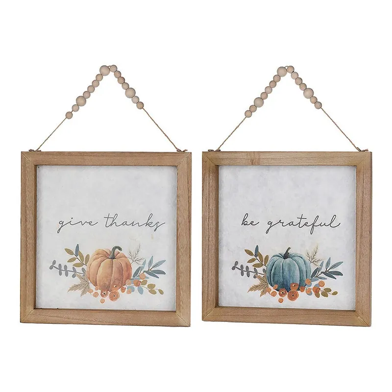 Set of 2 Wooden Square Pumpkin Sentiment Frames Worldwide Shipping