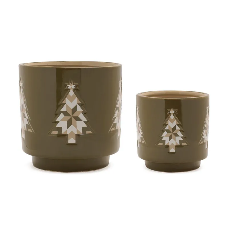 Set of 2 Green Quilt Block Christmas Tree Ceramic Containers Authentic