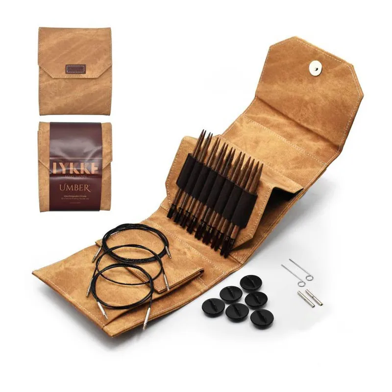 Worldwide Shipping UMBER 5" Interchangeable Circular Birchwood Knitting Needle Set | LYKKE #K-LYKKE-UM-IC-Start-Umb