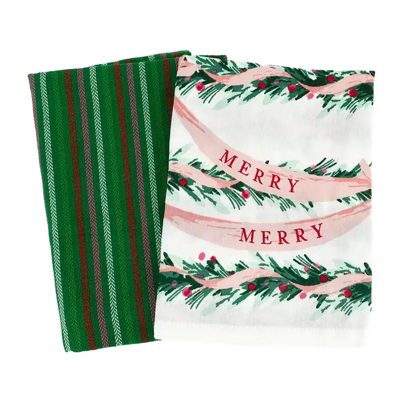 New Arrival Set of Two Very Merry Garland Dishtowels