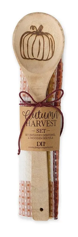 Autumn Harvest Pumpkin Cotton Dishtowel and Wooden Spoon Gift Set Big Sale