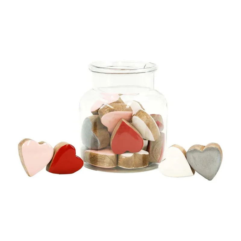 Money Back Guarantee Set of 20 Pink, White, Red and Silver Little Wood Hearts in Jar