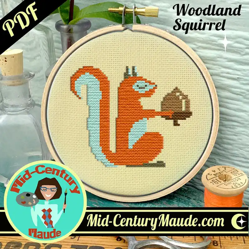 Woodland Squirrel Downloadable PDF Cross Stitch Pattern | Mid-Century Maude Fan Favorite