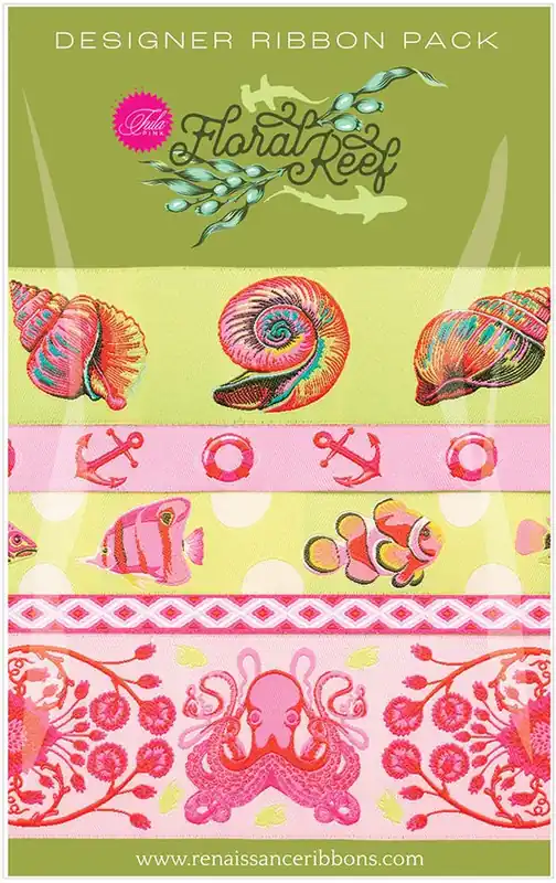 Big Sale Tula Pink Floral Reef Seagrass Designer Ribbon Pack | Renaissance Ribbons #DP-190