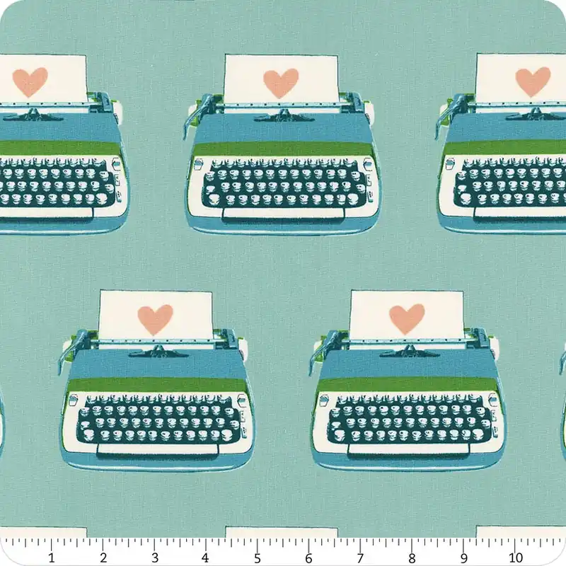 Worldwide Shipping Best Day Ever Turquoise Typewriters Yardage | SKU# RS0104-15