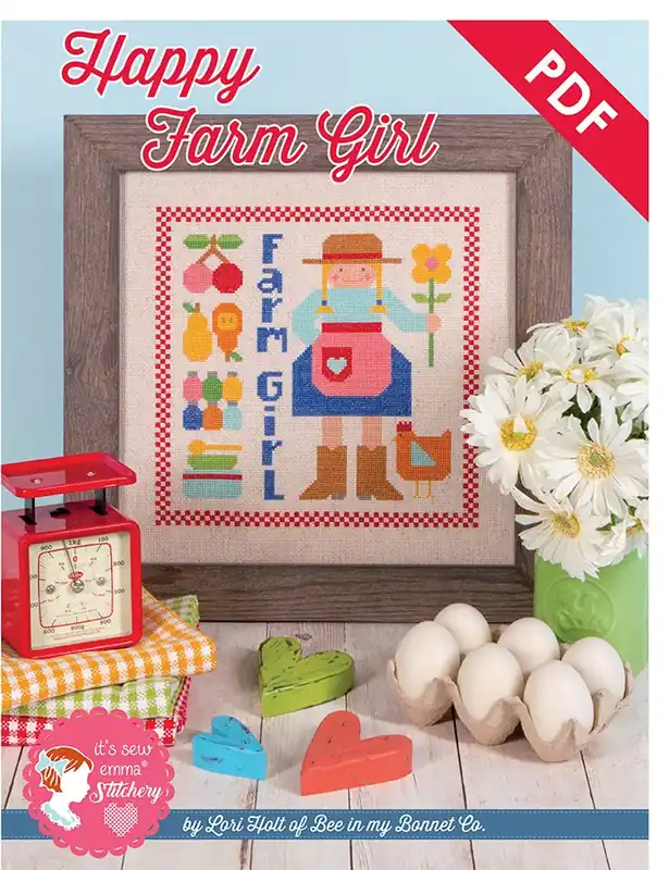 Happy Farm Girl Downloadable PDF Cross Stitch Pattern | Lori Holt of Bee in my Bonnet Free Returns