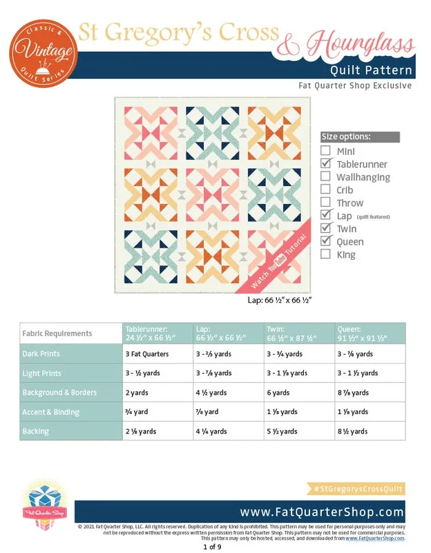 Hot Picks St. Gregory's Cross & Hourglass Classic & Vintage Downloadable PDF Quilt Pattern | Fat Quarter Shop