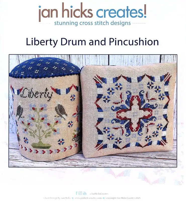Liberty Drum and Pincushion Cross Stitch Pattern | Jan Hicks Creates! Order Now