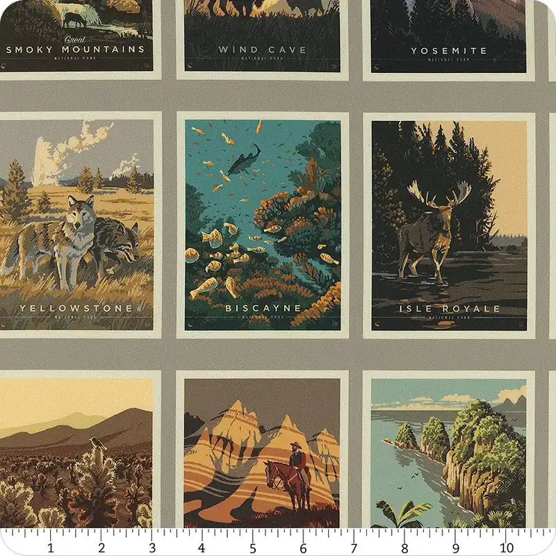 Worldwide Shipping National Parks Gray Postcards Digitally Printed Yardage | SKU# CD13291-GRAY