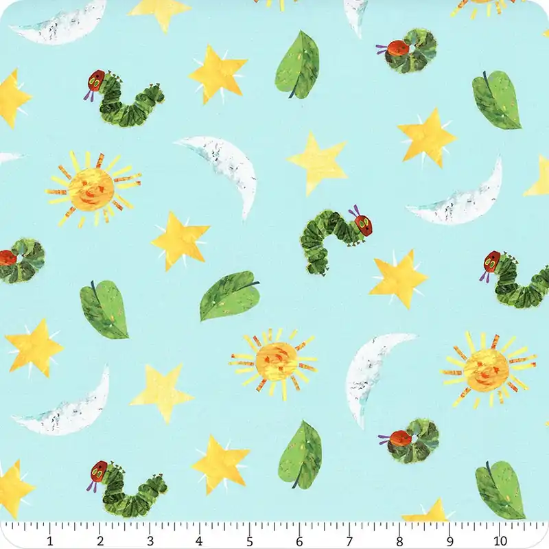 Very Hungry Caterpillar Snack Time Sky Blue Sun Moon and Stars Yardage | SKU# 1439-LB Buy Direct