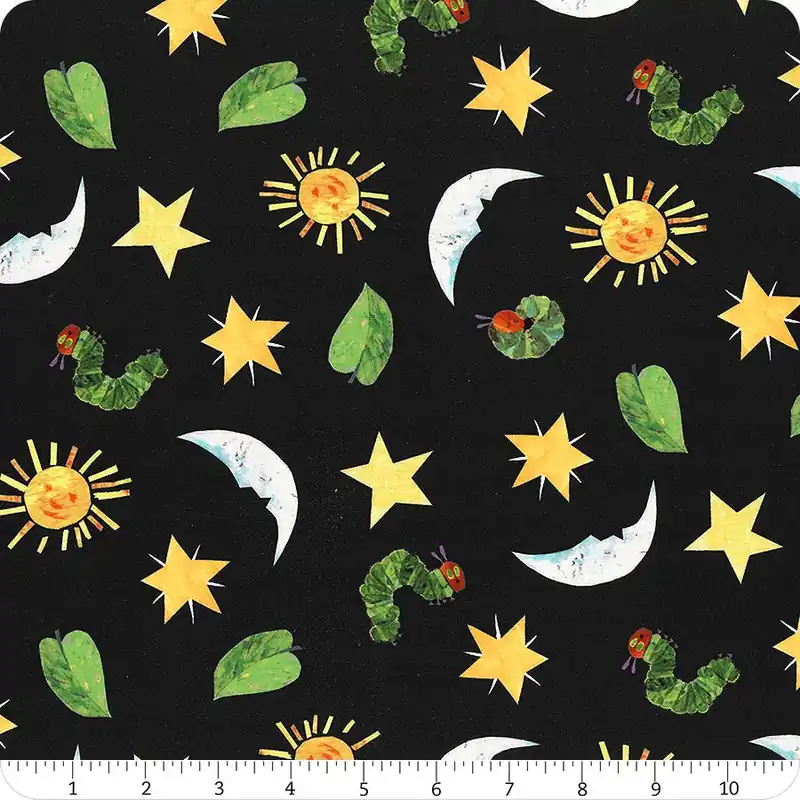 Very Hungry Caterpillar Snack Time Black Sun Moon and Stars Yardage | SKU# 1439-K New Release