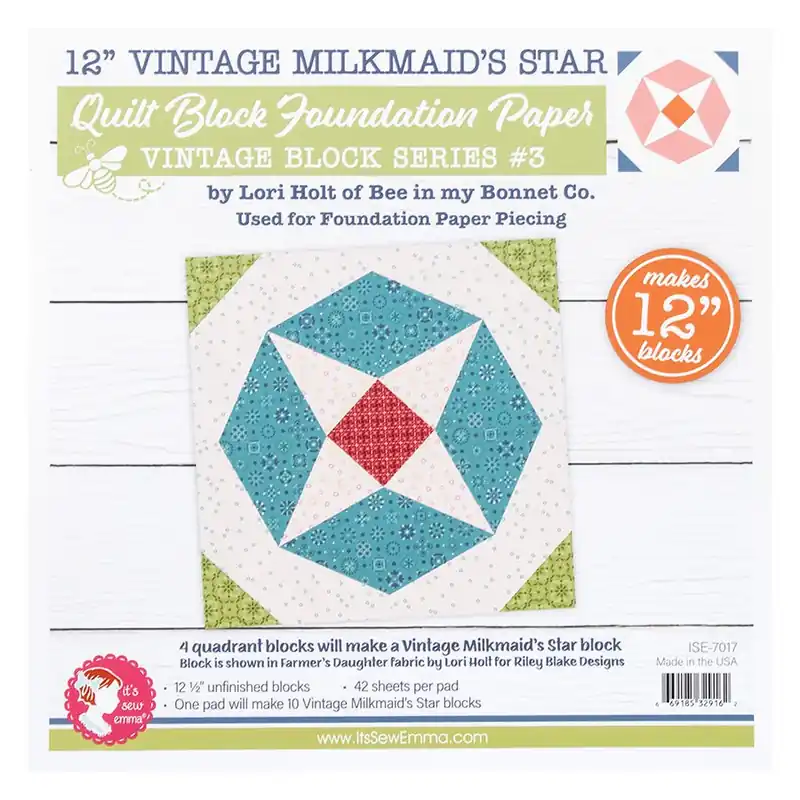 12" Vintage Milkmaid's Star Quilt Block Foundation Paper | Lori Holt of Bee in my Bonnet Co. for It's Sew Emma #ISE-7017 Money Back Guarantee