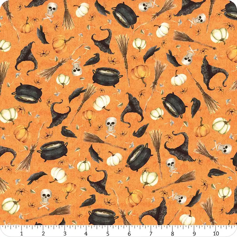 Hocus Pocus Orange on Ecru Small Halloween Toss Yardage | SKU# HPOC-5828O Handmade