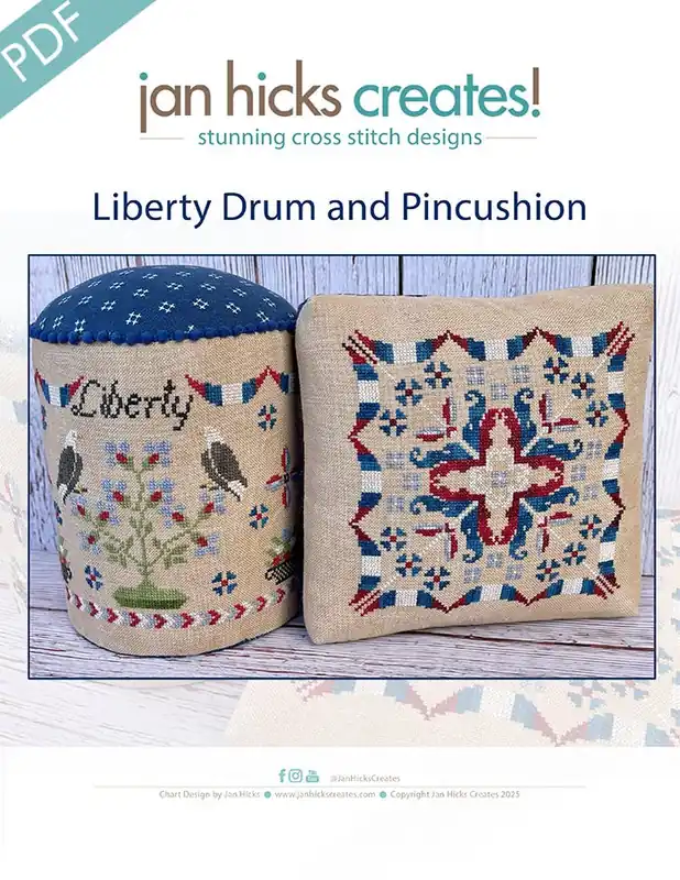 Liberty Drum and Pincushion Downloadable PDF Cross Stitch Pattern | Jan Hicks Creates! Price Drop