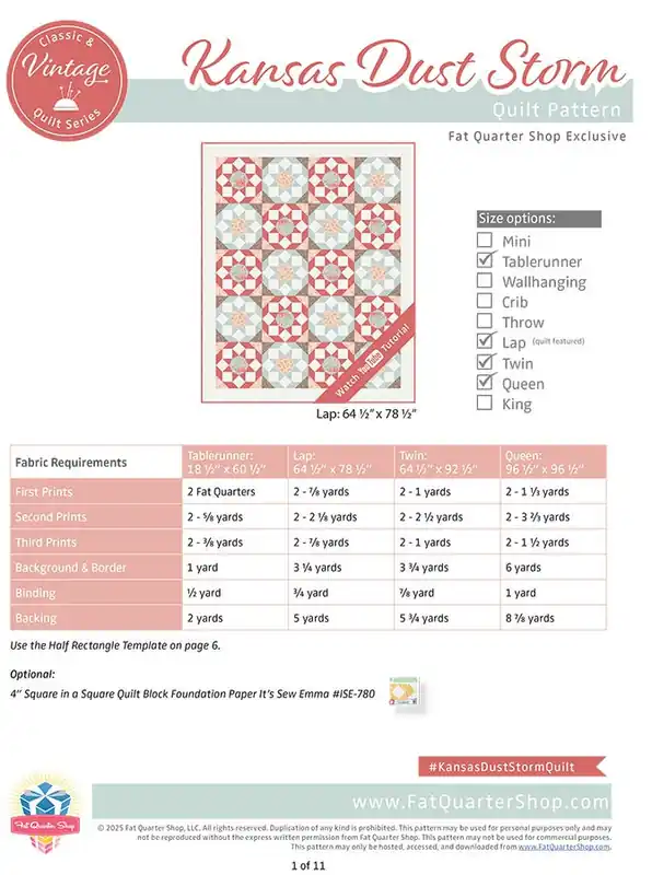 Last Chance Kansas Dust Storm Classic & Vintage Downloadable PDF Quilt Pattern | Fat Quarter Shop
