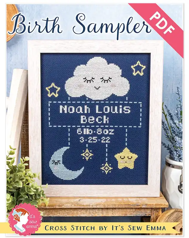 Money Back Guarantee Birth Sampler Downloadable PDF Cross Stitch Pattern | It's Sew Emma