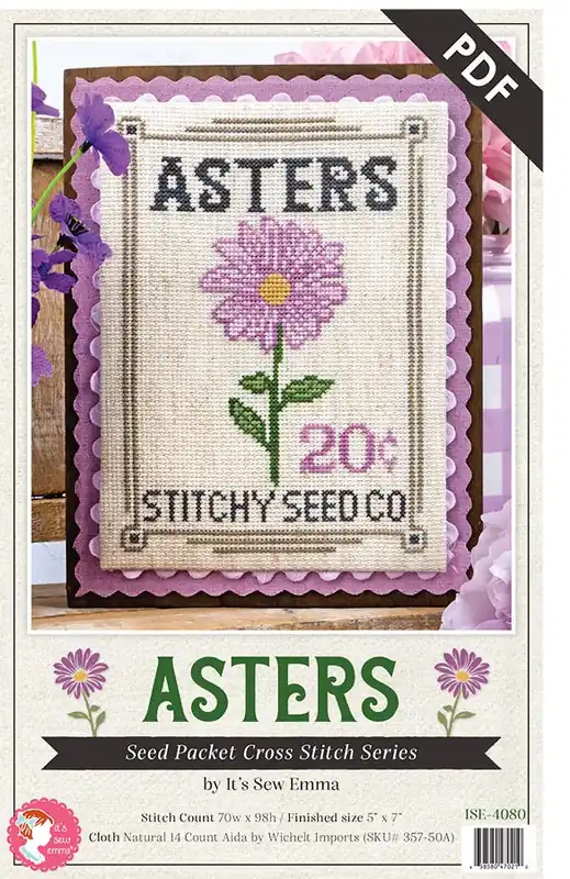 Asters Seed Packet Downloadable PDF Cross Stitch Pattern | It's Sew Emma Instant Buy