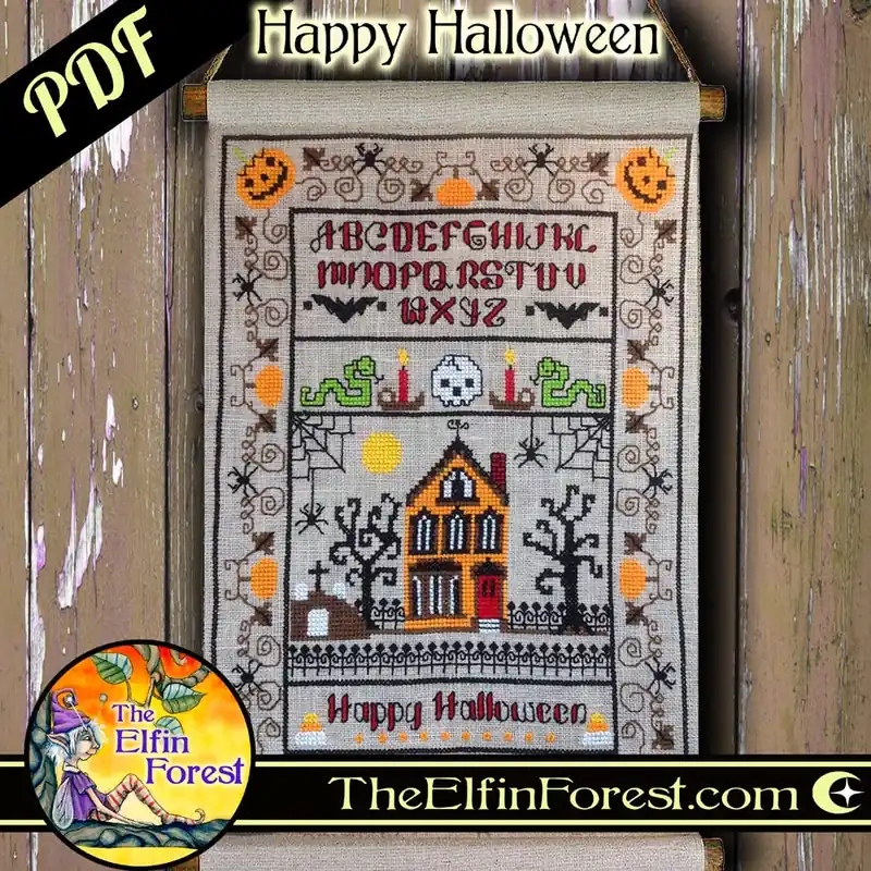 Happy Halloween Downloadable PDF Cross Stitch Pattern | The Elfin Forest Fast Shipping