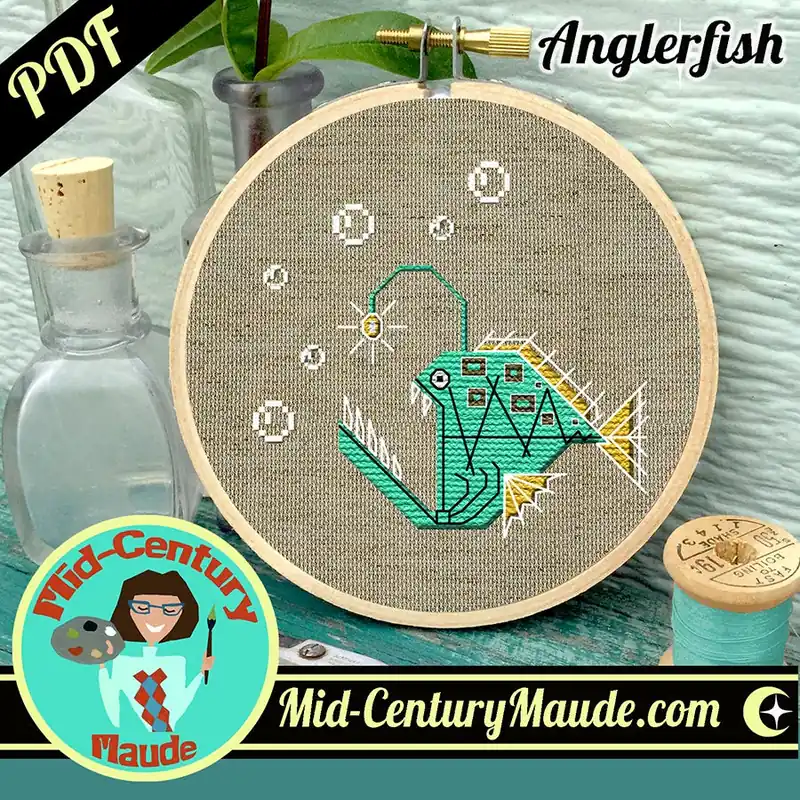 Fast Shipping Anglerfish Downloadable PDF Cross Stitch Pattern | Mid-Century Maude