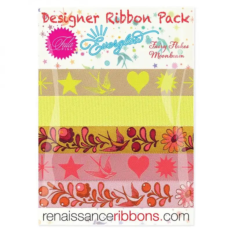 Tula Pink Everglow Fairy Flakes in Moonbeam Designer Ribbon Pack | Renaissance Ribbons #DP-101-MOONGLOW Instant Buy